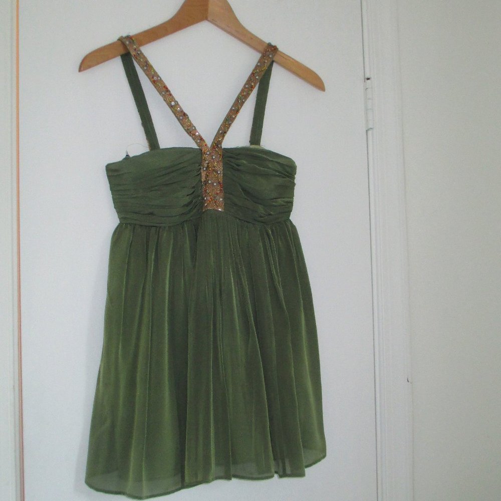 Alice & Olivia: Boho Chic,  Olive Green & Gold beaded Top, size XS